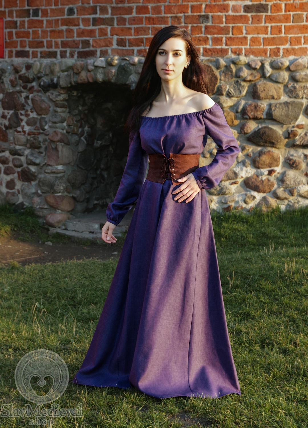 Medieval Renaissance Faire Off-Shoulder Elasticated Natural Linen Wide Loose Chemise Peasant Dress with Long Puffy Sleeves for LARP cosplay