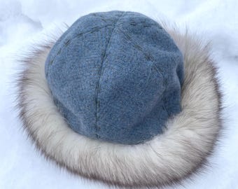 Medieval Viking Hat, made of wool with Natural White Fox Fur. Diamond wool. Cap for Slavic Viking man & woman costume size S
