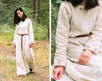 Early Medieval 100% linen hand-embroidered simple wide dress gown for Viking and Slavic woman historical reenactment costume in custom size