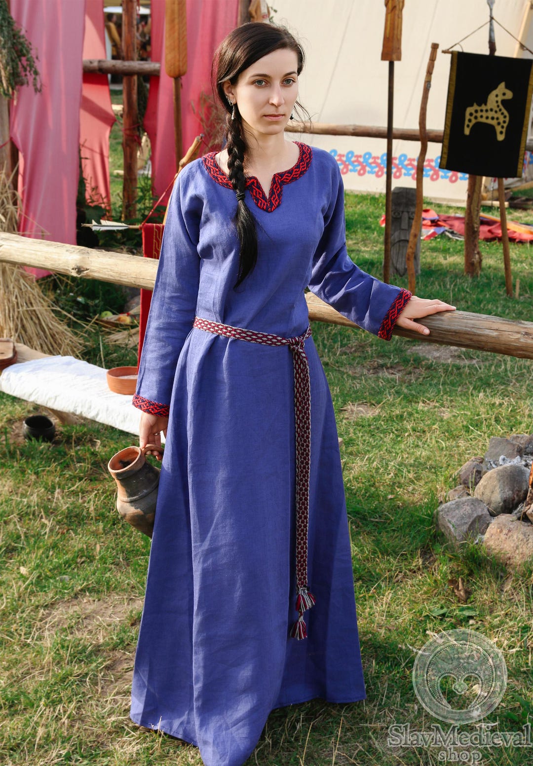 Early Medieval Trimmed Linen Dress With Wool Woven Selvage for