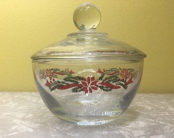 Poinsettia Holiday Sugar Bowl // Christmas Candy Dish // Anchor Hocking