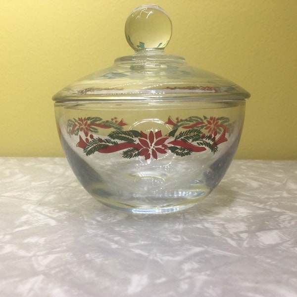 Poinsettia Holiday Sugar Bowl // Christmas Candy Dish // Anchor Hocking