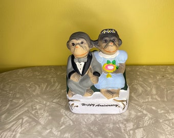 Happy Anniversary Vintage Monkey Bride and Groom Piggy Bank // Chadwick Miller