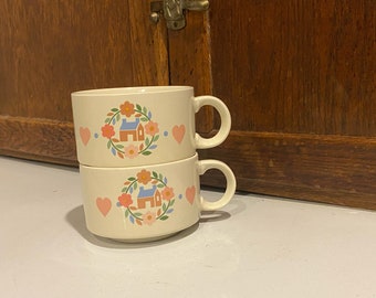 Vintage Interpur Pennsylvania Dutch Love House Large Ceramic Soup Mugs