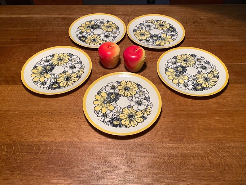Decostone Retro Daisy Dinner Plates by Andre shops Ponche Set of Five (5) // MCM Floral Dinner Plates