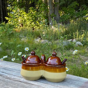Vintage Stoneware Condiment Server with Handle // Beanpot // Condiment Server with Spoons