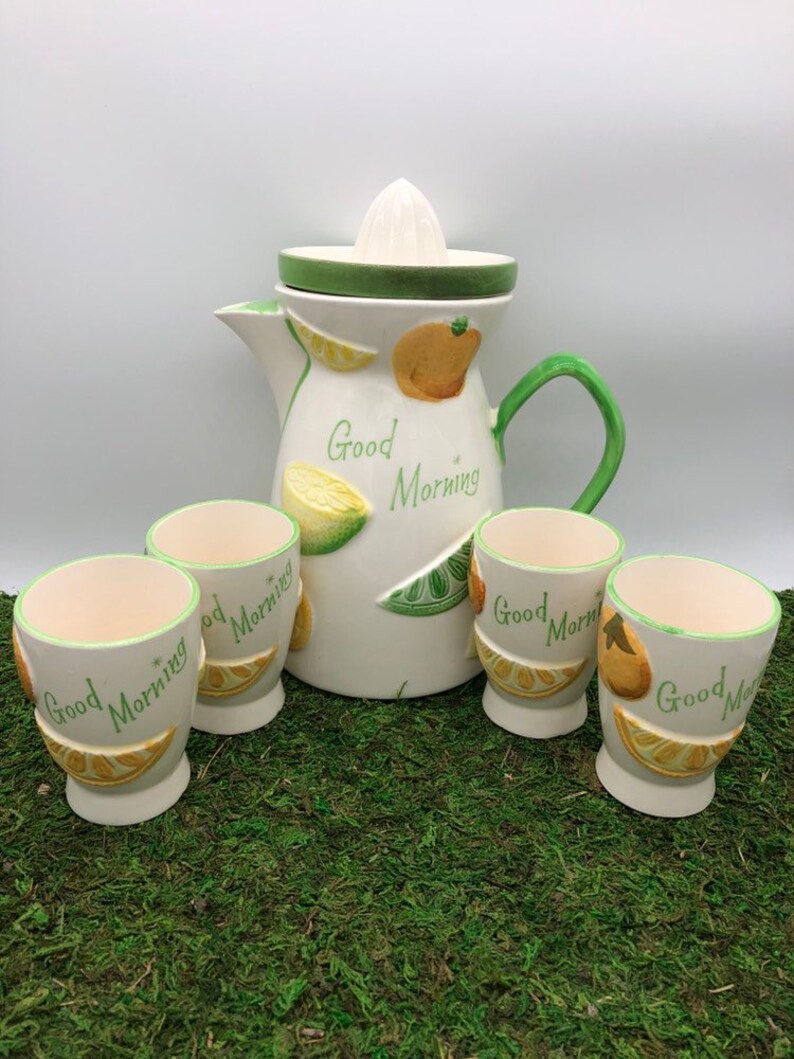pitcher and juice cups ceramic lemons oranges Good Morning 6 cups Adorable retro Napcoware juicer
