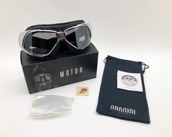 Italian Nannini Black Goggles “Rider model" Motorcycle Car Classic Riders + Free lenses