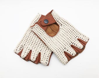 NEW &quot;MOSS&quot; Men&#39;s Leather Driving Fingerless Crochet Gloves Vintage Classic Car