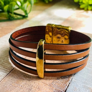 Brown and Gold Leather Multi Strand  Bracelet with Hammered Magnetic Clasp, Gifts for Her, Mom, Wife, Sister, Girlfriend