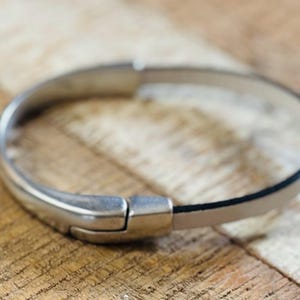 White Leather and Half-round Silver Bracelet with Magnetic Clasp