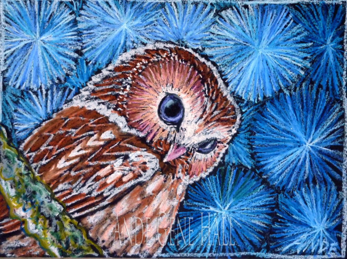 Original Owl Painting in Oil Pastels Owl with Purple Eyes Etsy