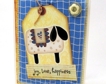 Joy Love Happiness Card - Rustic Chic Card - Sheep Card - Rustic Animal Card - Prims-Style Card - Rustic Blue Card - Blank Card - Blue Card