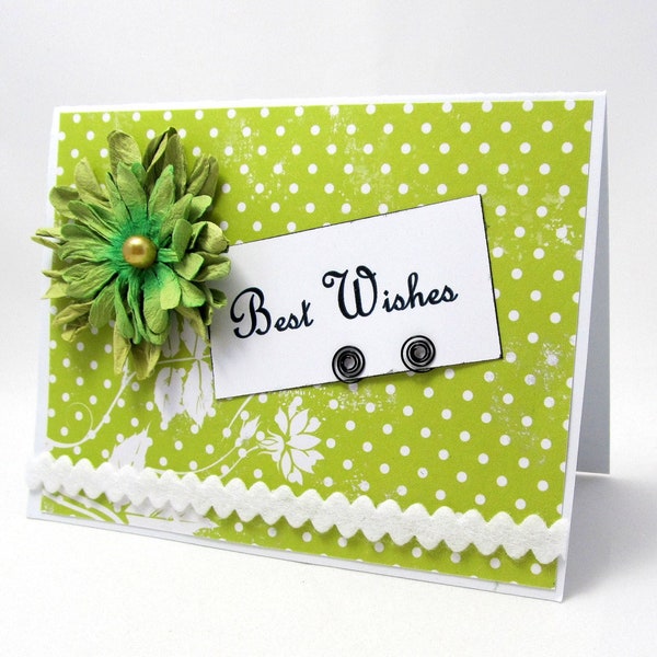 Best Wishes - Wedding Card - Engagement Card - Bright Green and White - Green Flower - Polka Dots - Shabby Chic Style