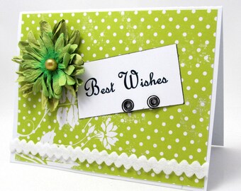 Best Wishes - Wedding Card - Engagement Card - Bright Green and White - Green Flower - Polka Dots - Shabby Chic Style