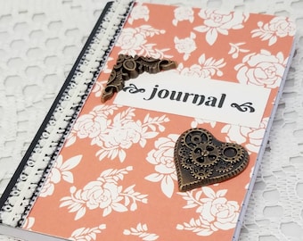 Coral Mini Journal - Small Floral Journal - Small Coral Notebook - Pocket Journal - Floral Journal - Small Floral Book - Vintage Style Book