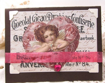 Vintage Style Valentine's Day Card - Cupid Valentine's Day Card - Pink and Brown Valentine's Day Card - Heart Card - Pink and Brown Card