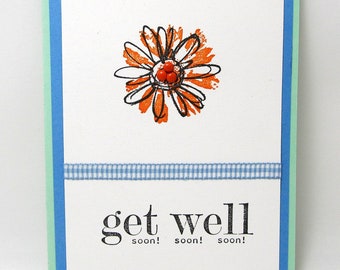 Get Well Card - Get Well Soon - Blank Card - Orange Flower - Gingham Ribbon - Hand Stamped Card - Floral Card - Blue and Green