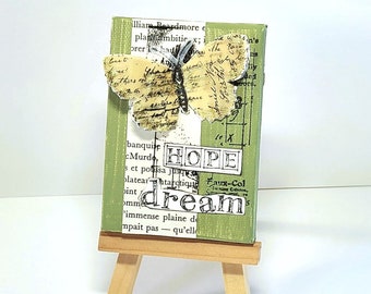 Hope and Dream Mixed Media Mini Canvas - Mini Canvas Art - French Rustic Canvas - Small Canvas Art - Mixed Media Collage - Butterfly Art