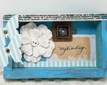 Small Blue Shadowbox - Small Butterfly Shadowbox - Blue Romantic Shadowbox - Small Vintage Style Shadowbox - Blue Mixed Media Shadowbox