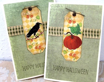 Halloween Card - Happy Halloween Card - Pumpkin - Black Crow - Seasonal Autumn Images - Blank Card - Cottage Chic Style - Gingham Ribbon