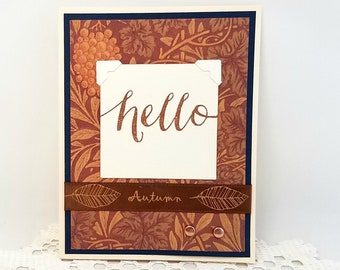 Hello Card - Autumn Hello Card - Copper Colored Card - Rustic Botanical Card - Autumn Leaves Card - Rustic Blank Card - Rust Colored Card