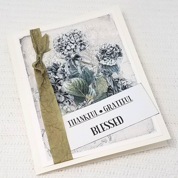 Thankful Card - Thankful Grateful Blessed - Thanksgiving Day Card - Hydrangea Card - Elegant Thanksgiving Card - Vintage Thanksgiving Card