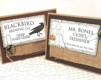 Halloween Cards - Rustic Halloween Cards - Mixed Media Card - Blackbird and Skeleton Cards - Blank Card - Happy Halloween Cards