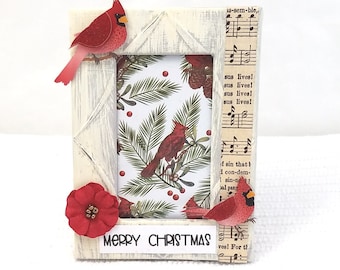 Small Framed Christmas Art - Mixed Media Christmas Art - Repurposed Small Framed Art - Christmas Mixed Media - Christmas Cardinal Art