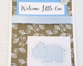 New Baby Card - Blue New Baby Card - Welcome Little One - Congratulations on New Baby - Baby Shower Card - Hippo Card  - Baby Card