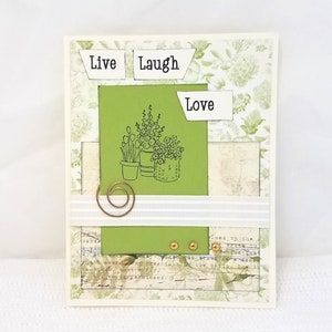 Tarjeta de amor Live Laugh - Tarjeta inspiradora - Tarjeta de técnica mixta - Verde y blanco - Tarjeta floral - Tarjeta de felicitación en blanco - Tarjeta de jardín