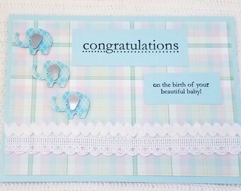 New Baby Card - Elephant Baby Card - Blue Plaid Baby Card - Congratulations Baby - Blue Congratulations Baby - Plaid Card for Baby
