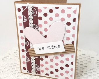 Be Mine Valentine Card - Be Mine Card - Pink Heart Valentine Card - Polka Dot Valentine Card - Kraft Valentine Card - Textured Valentine