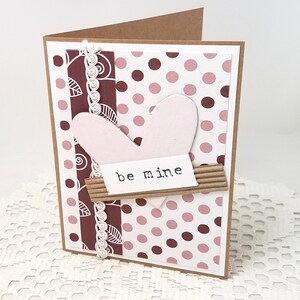 Be Mine Valentine Card Be Mine Card Pink Heart Valentine Card Polka Dot Valentine Card Kraft Valentine Card Textured Valentine image 1
