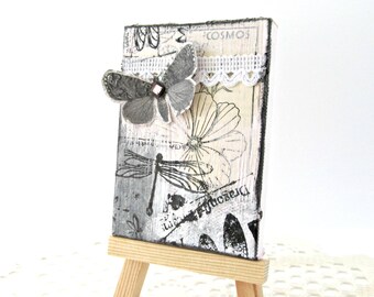 Butterfly Mixed Media Mini Canvas - Mini Canvas Collage - Black and White Canvas - Pink and Grey Canvas - Mixed Media Collage - Butterfly
