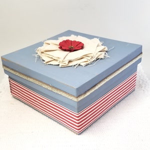 Blue Gift Box Blue and Red Gift Box Rustic Blue Gift Box Blue Keepsake Box Blue and Red Decorative Box Canvas Flower Box image 4
