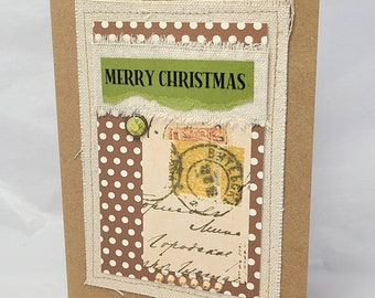 Merry Christmas Card - Mixed Media Christmas Card - Christmas Card - Christmas Collage Card - Vintage Style Christmas Card - Blank Card