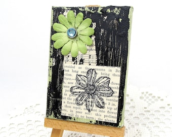 Black and White Mini Canvas - Black and White Mixed Media Canvas - Green Mixed Media Mini Canvas - Vintage Flower Mini Canvas - Mixed Media