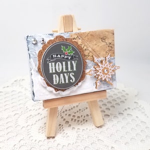 Fröhliche Holly Days Mini Leinwand - Mixed Media Mini Canvas - Rustikale Weihnachts-Mini-Leinwand - Rustikale Weihnachts-Mini-Leinwand - Rustikales Weihnachtsdeko