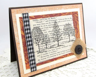 Rustic Fall Card - Fall Trees Card - Autumn Card - Mixed Media Card - Blank Card - Book Page Print - Black and White - Autumn Trees Card