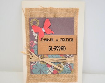 Thankful Grateful Blessed Card - Thanksgiving Card - Grateful Card - Rustic Thanksgiving Card - Burlap Card - Butterfly Card
