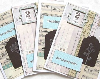 Vintage Style Card Set - Set of 4 - Vintage Detail - Blank Inside - Turquoise and Brown - Botanical Images - Hand Stamped - Shabby Chic