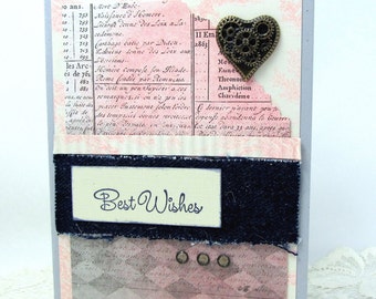 Denim Wedding Card - Best Wishes Card - Steampunk Wedding Card - Vintage Style Wedding Card - Blue and Pink Wedding Card - Blank Card
