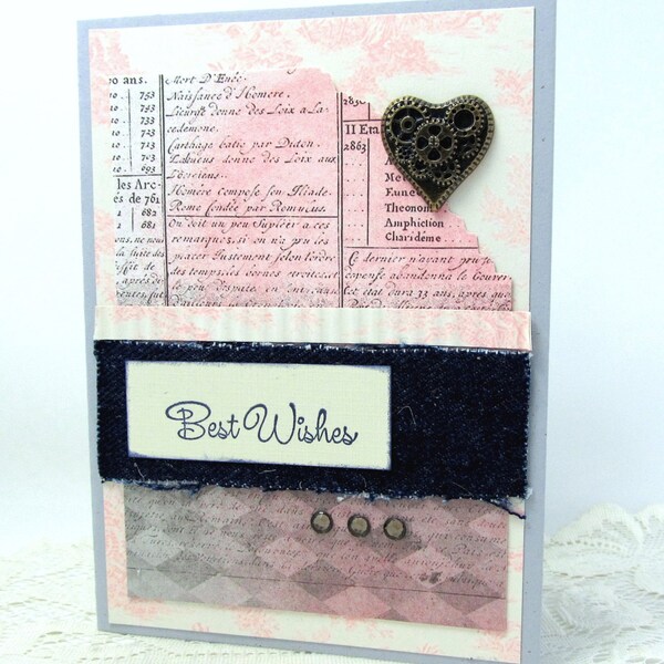 Denim Wedding Card - Best Wishes Card - Steampunk Wedding Card - Vintage Style Wedding Card - Blue and Pink Wedding Card - Blank Card