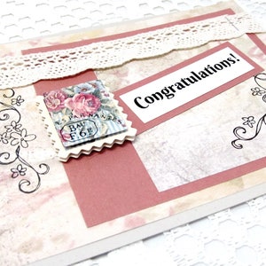 Carte de félicitations - Shabby Chic Congratulations Card - Rustic Chic - Français vintage - Garniture en dentelle Ivoire - Rose vintage - Carte Vierge