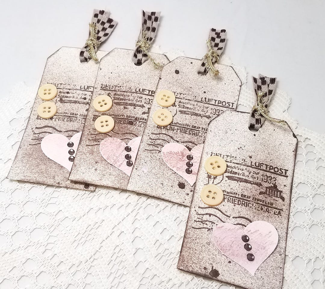Brown and Pink Distressed Tags - Brown Mixed Media Gift Tags - Rustic ...