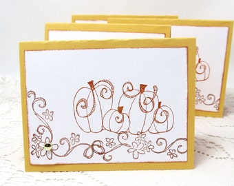 Pumpkin Note Cards - Small Note Cards - Set of 4 Cards - Autumn Theme - Gold Note Cards - Blank Note Cards - Pumpkins - Gift Set