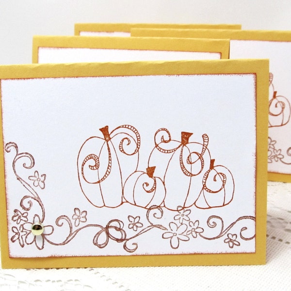 Pumpkin Note Cards - Small Note Cards - Set of 4 Cards - Autumn Theme - Gold Note Cards - Blank Note Cards - Pumpkins - Gift Set