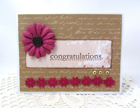 Blank Inside Congratulations Happy Engagement Floral Collage Engagement Greeting Card Pink with White Script Text