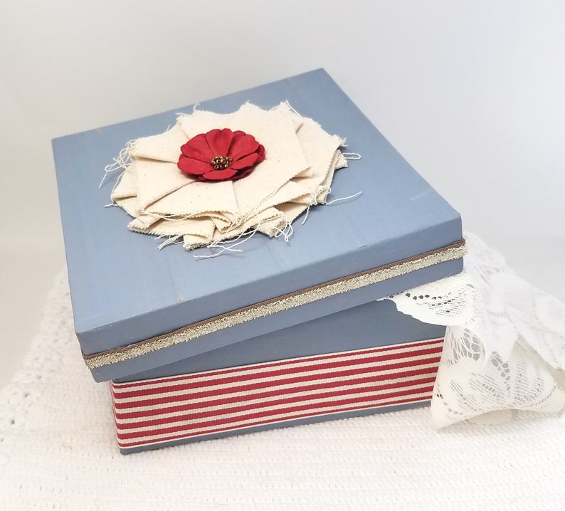 Blue Gift Box Blue and Red Gift Box Rustic Blue Gift Box Blue Keepsake Box Blue and Red Decorative Box Canvas Flower Box image 2